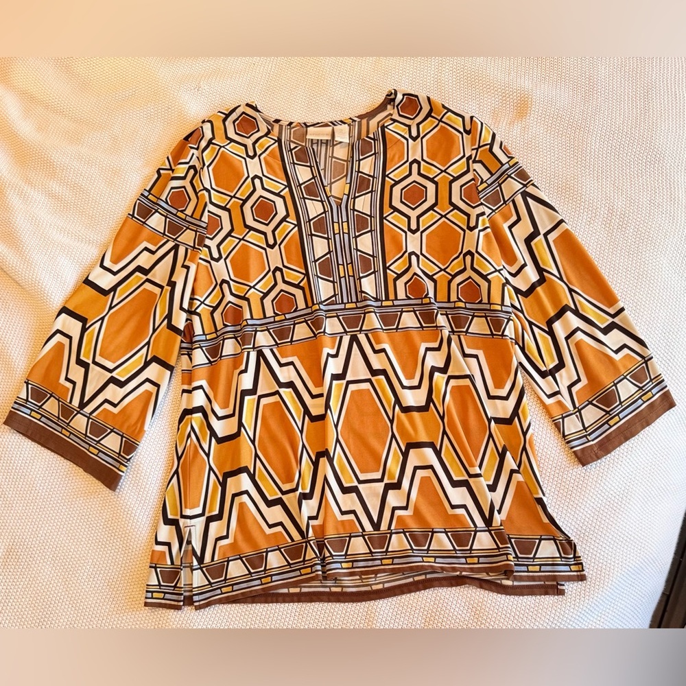 CHICO’S Yellow Gold White & Brown Geometric Blouse Tunic Top - Picture 4 of 16
